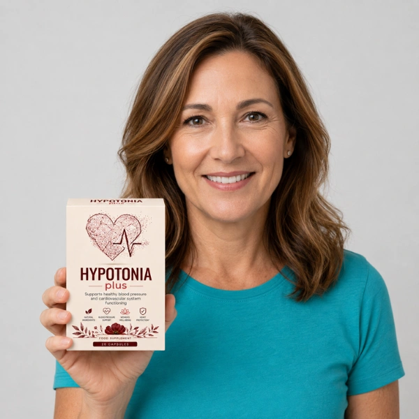 Woman holding a box of Hypotonia Plus